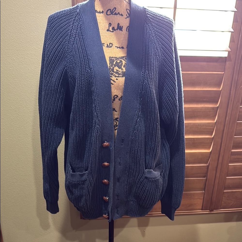 Navy Blue Knit Cardigan Sweater with V-Neck